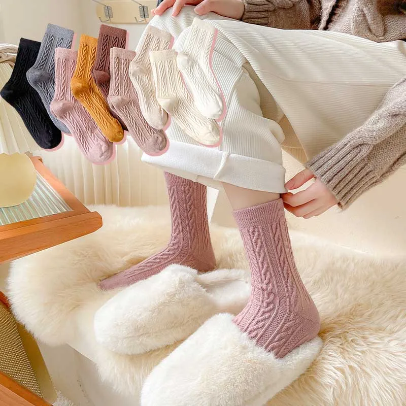 

Осенне-зимние теплые женские носки в стиле ретро, однотонные толстые шерстяные носки, модные женские вязаные носки для пола