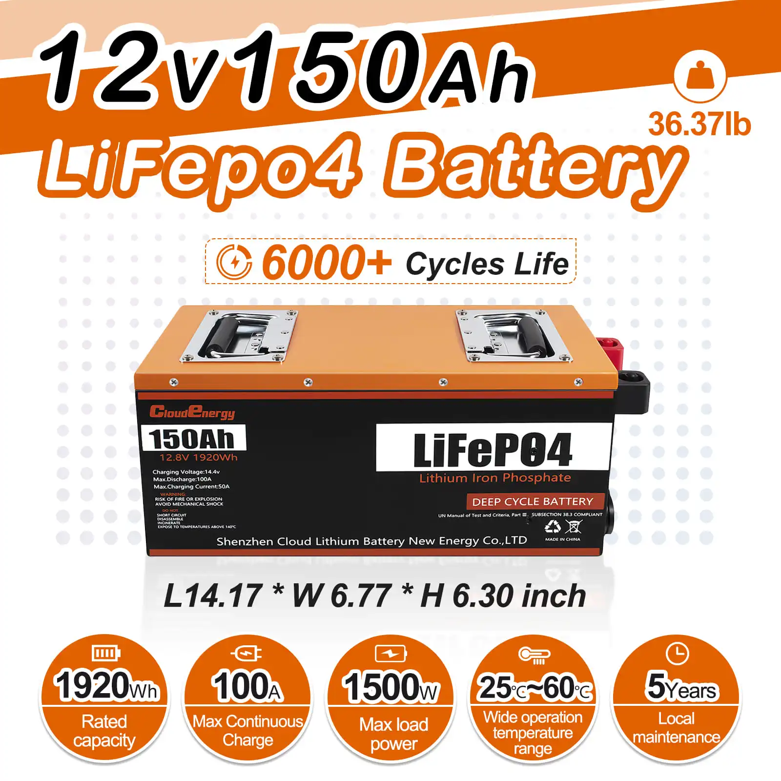 Cloudenergy 12V 150Ah Lifepo4 Battery Pack 6000+ Cycles 12.8V 100A for RV Motorcycle Golf Cart Electric Scooter Free Shipping
Cloudenergy 12V 150Ah Lifepo4 Battery Pack 6000+ Cycles 12.8V 100A for RV Motorcycle Golf Cart Electric Scooter Free Shipping