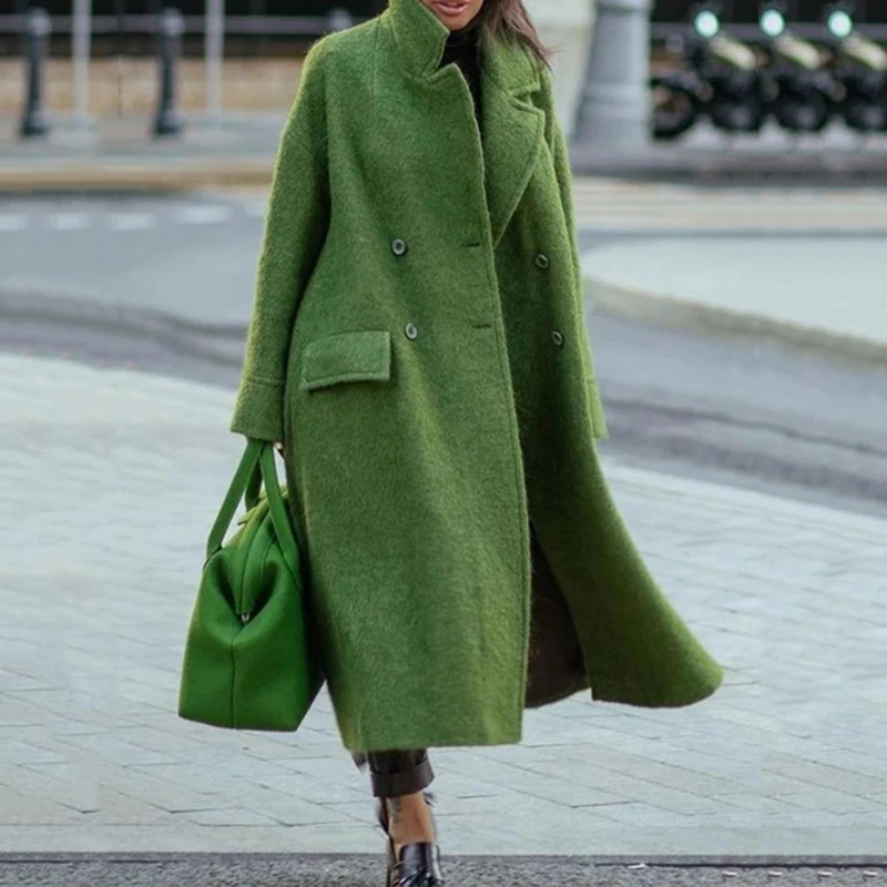 

Autumn Winter Women's Long-Sleeved Lapel Coat Solid Color Tweed Long Coat Windbreaker Wool & Blends Coats and Jackets S-4XL