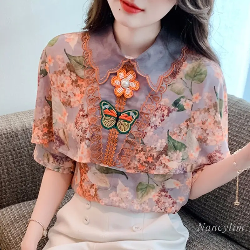 

2023 Summer Short-Sleeved Floral Print Chiffon Shirts and Blouses Women's Clothing New Lace Stitching Tops Cape Style Blusas