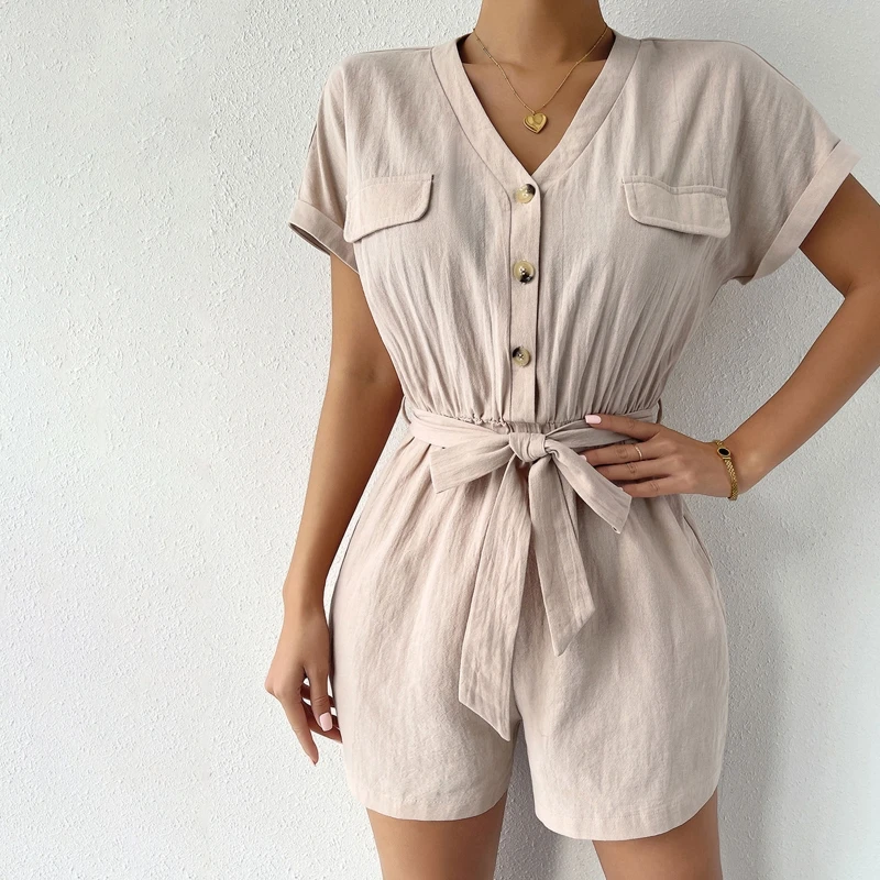 Women Roll Up Short Sleeves Jumpsuit V-Neck Button High Waisted Short Pants Rompers Solid Color Belted Loose Playsuit
Women Roll Up Short Sleeves Jumpsuit V-Neck Button High Waisted Short Pants Rompers Solid Color Belted Loose Playsuit