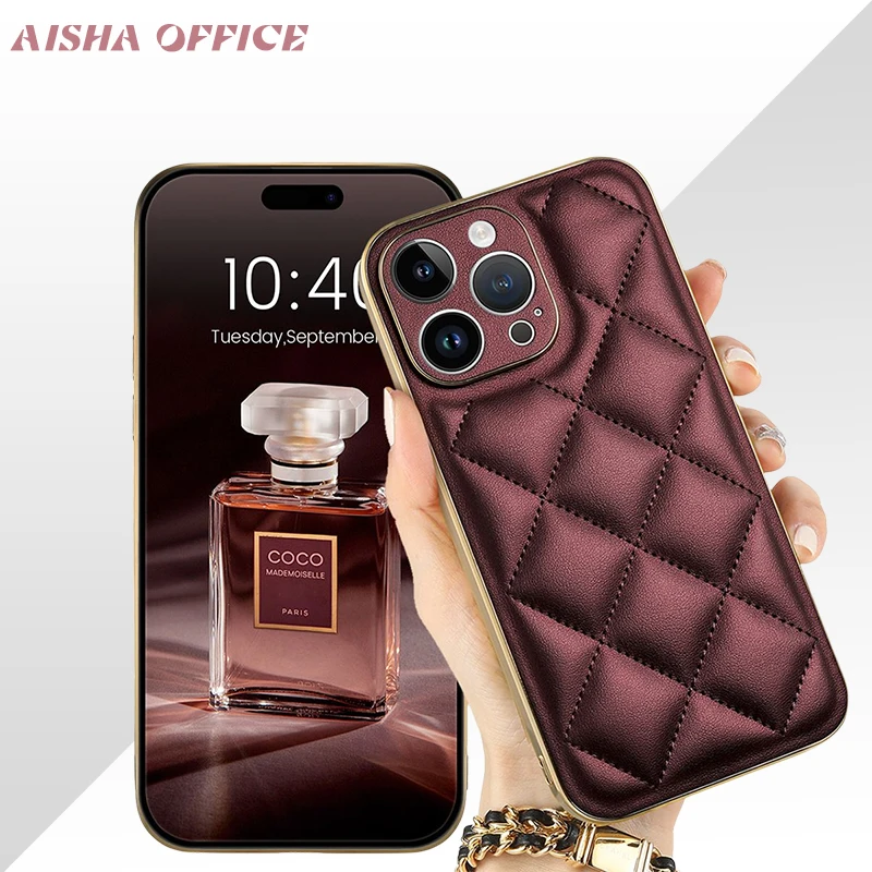 

Soft-edged grid Leather Luxury phone case iPhone 12 13 14 ProMax protective holster Anti-drop Fashion Smartphone CellPhone Cover