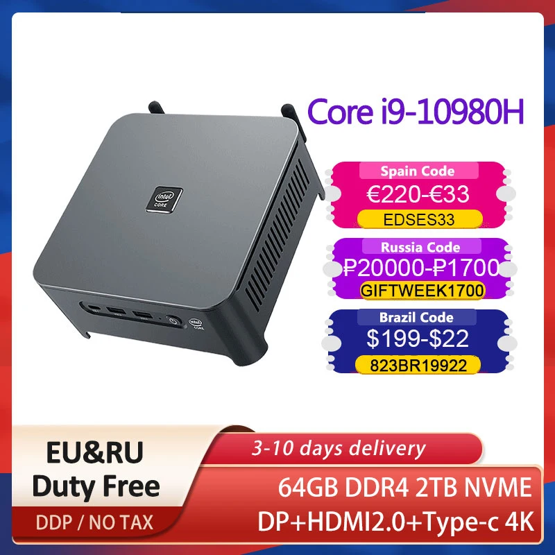 TOP 10th Gen Intel Core Mini PC i9 10980HK i7 10750H i5 10300H Win10/11 2*DDR4/M.2 DP HDMI Type-C Triple 4K Computer HTPC NUC
TOP 10th Gen Intel Core Mini PC i9 10980HK i7 10750H i5 10300H Win10/11 2*DDR4/M.2 DP HDMI Type-C Triple 4K Computer HTPC NUC