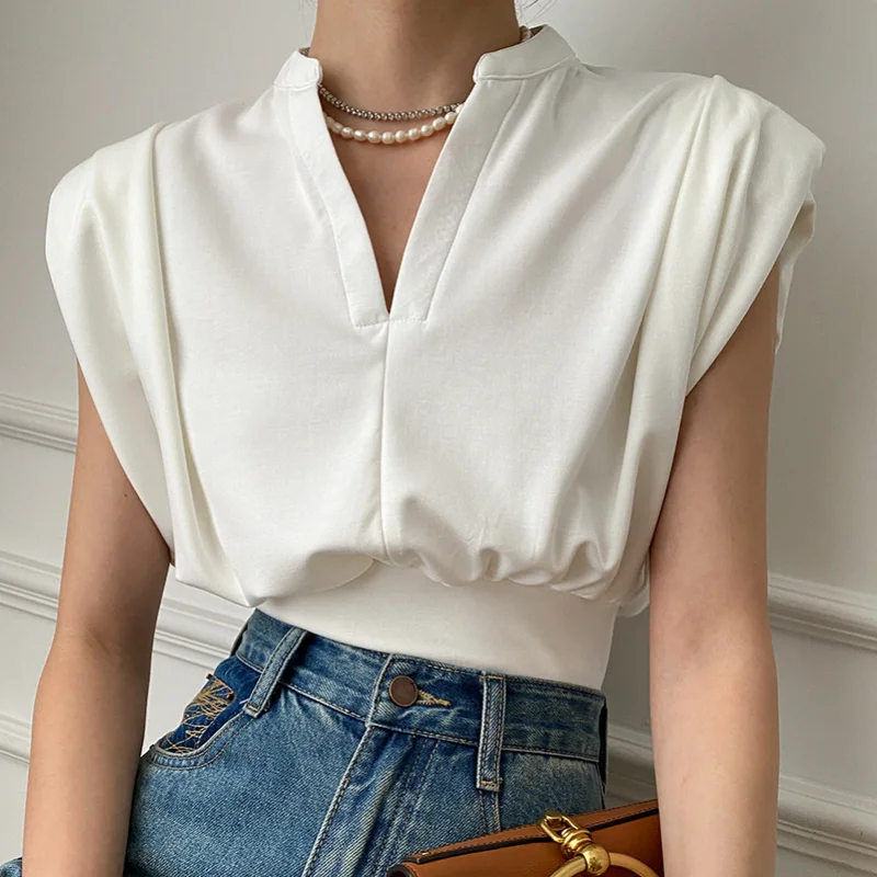 Blusas Summer Half-open V-neck Shirt Fashion Women Korean T-shirts Tops for Women Casual Sleeveless Shirt Lady Clothes 27939
Blusas Summer Half-open V-neck Shirt Fashion Women Korean T-shirts Tops for Women Casual Sleeveless Shirt Lady Clothes 27939