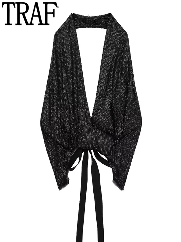 Женский топ с блестками и лямкой на шее, с открытой спиной
Женский топ с блестками и лямкой на шее, с открытой спиной