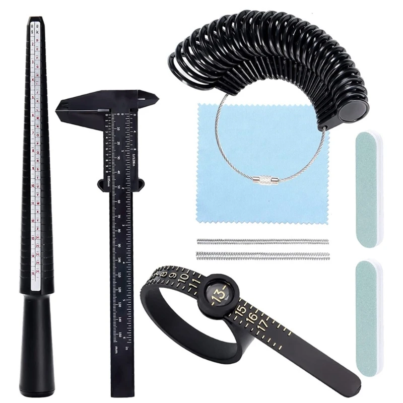 9Pieces Ring Sizer Measuring Tool with Ring Mandrel Black Ring Sizing Kit Ring Sizer Adjuster Loose Ring Polishing Cloth
9Pieces Ring Sizer Measuring Tool with Ring Mandrel Black Ring Sizing Kit Ring Sizer Adjuster Loose Ring Polishing Cloth