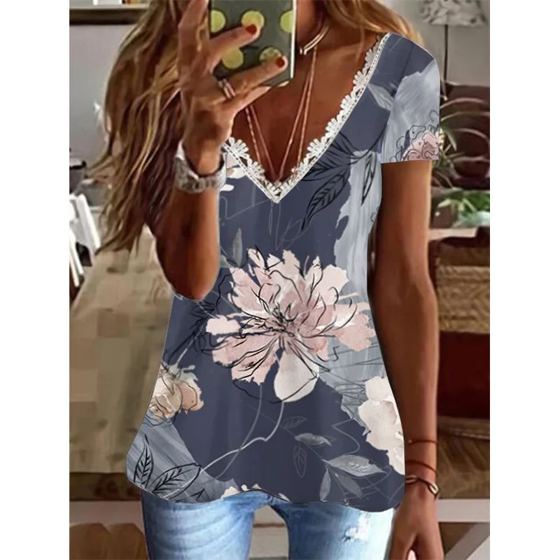 2022 Summer Floral Feather Print T-Shirt Ladies Casual Pullover Slim Women's Lace V-Neck Vacation Short Sleeve Top Blusa Clothes
2022 Summer Floral Feather Print T-Shirt Ladies Casual Pullover Slim Women's Lace V-Neck Vacation Short Sleeve Top Blusa Clothes