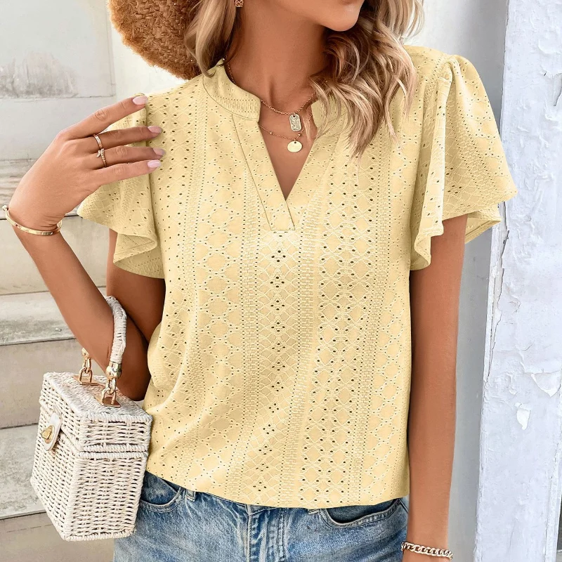 

2023 Summer Casual Solid Tops V Neck Butterfly Sleeve Chiffon Blouse Fashion Hollow Shirt Pleated Woman Blusas Elegant New 26481