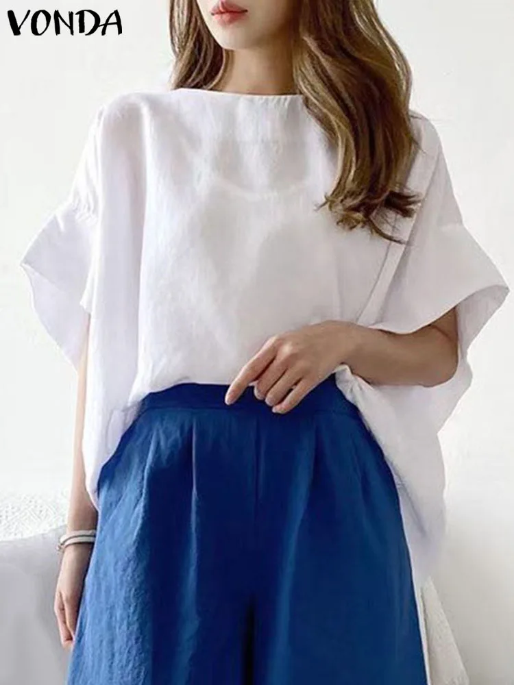

Элегантные женские блузки VONDA, модные рубашки с коротким рукавом 2023, летние однотонные винтажные туники с круглым вырезом, женские блузы
