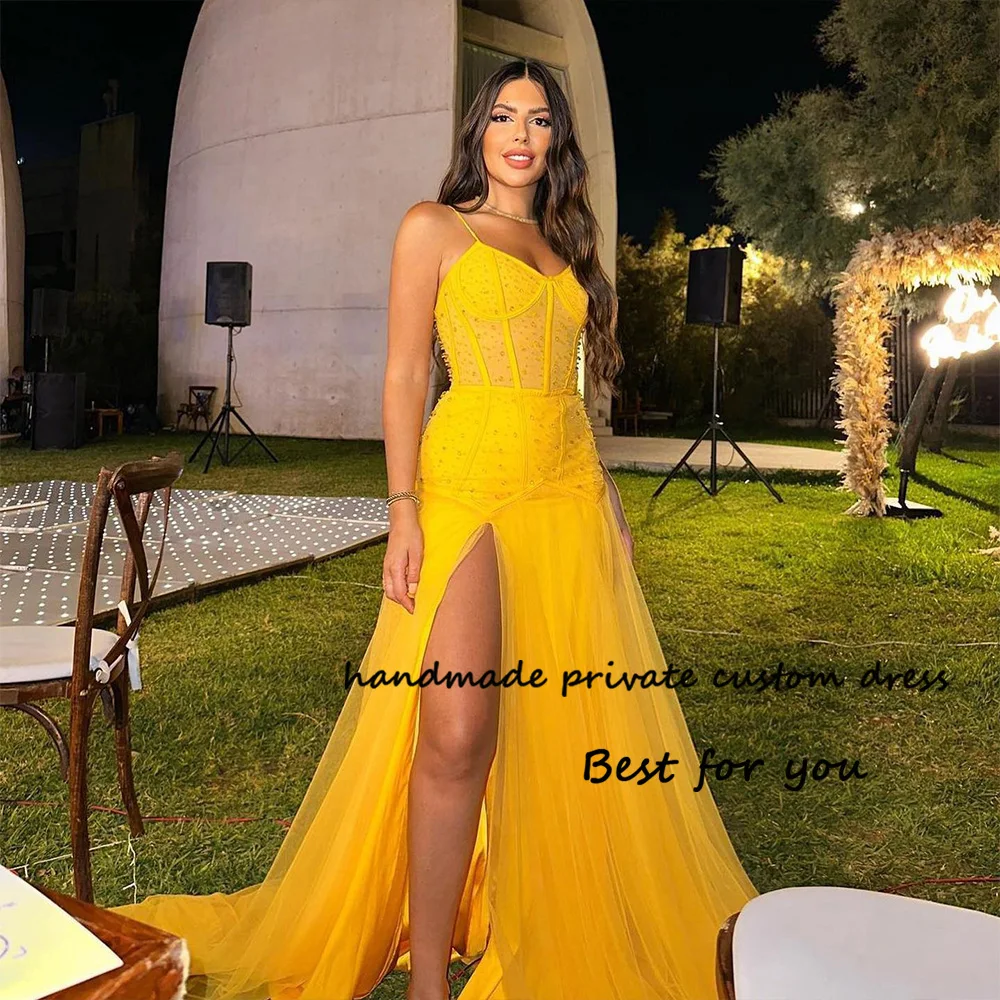 Yellow Pearls Tulle A Line Evening Dresses Spaghetti Straps High Split Prom Party Dress Long Formal Evening Gowns 
Yellow Pearls Tulle A Line Evening Dresses Spaghetti Straps High Split Prom Party Dress Long Formal Evening Gowns