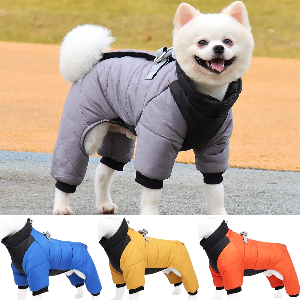 

Winter Warm Dog Jacket Reflective Four Legged Clothes Outdoor Waterproof Windproof Traction Harness Jumpsuit French Bulldog Coat