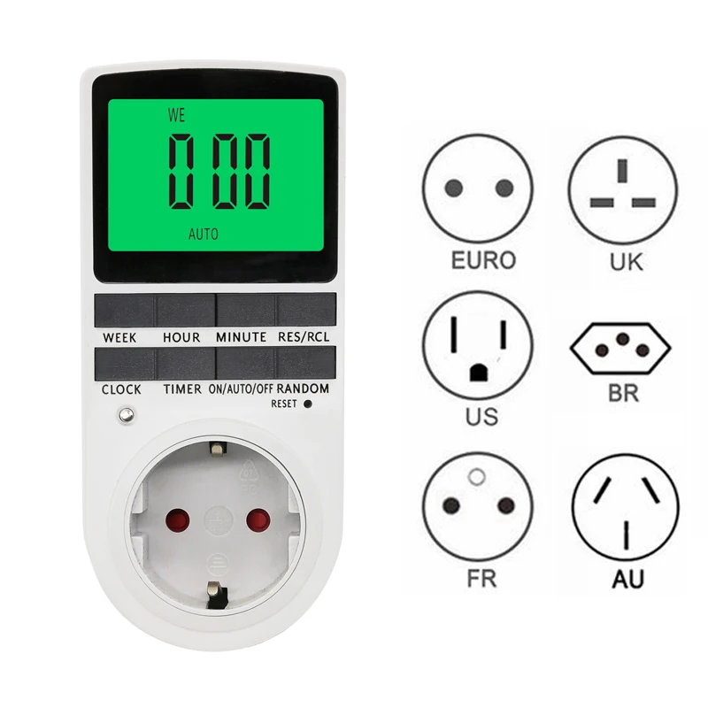 EU AU US UK BR Plug Socket Digital Timer Switch Electronic Plug-in Programmable 12/24 Hour Cyclic Kitchen Timer Outlet Control
EU AU US UK BR Plug Socket Digital Timer Switch Electronic Plug-in Programmable 12/24 Hour Cyclic Kitchen Timer Outlet Control
