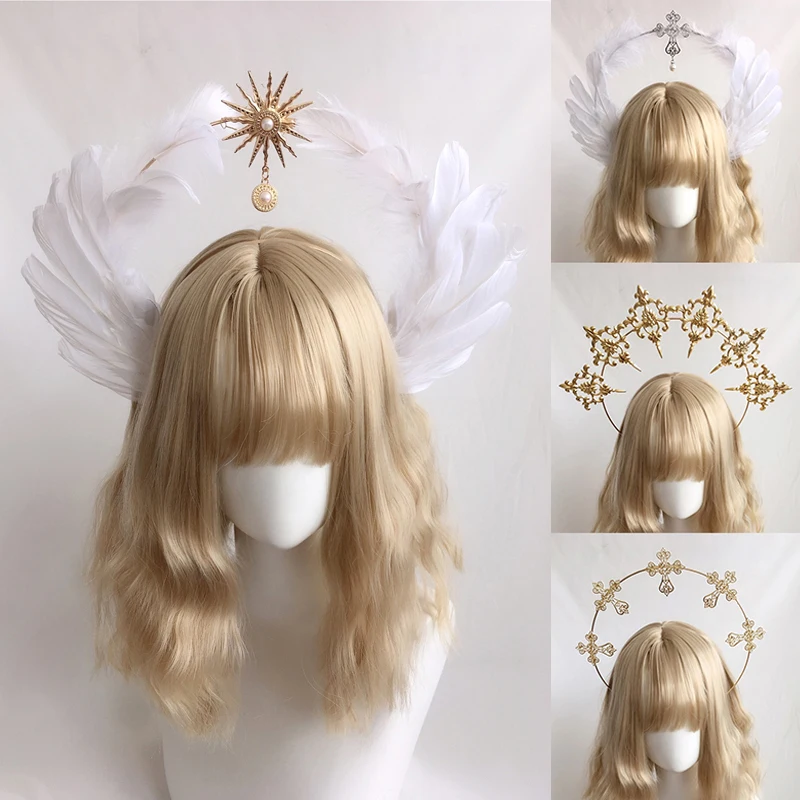 

Virgin Mary Halo, Queen and Tiara Princess Lolita Crown KC Noitira Angel Feather Wings Headband Headdress Accessories