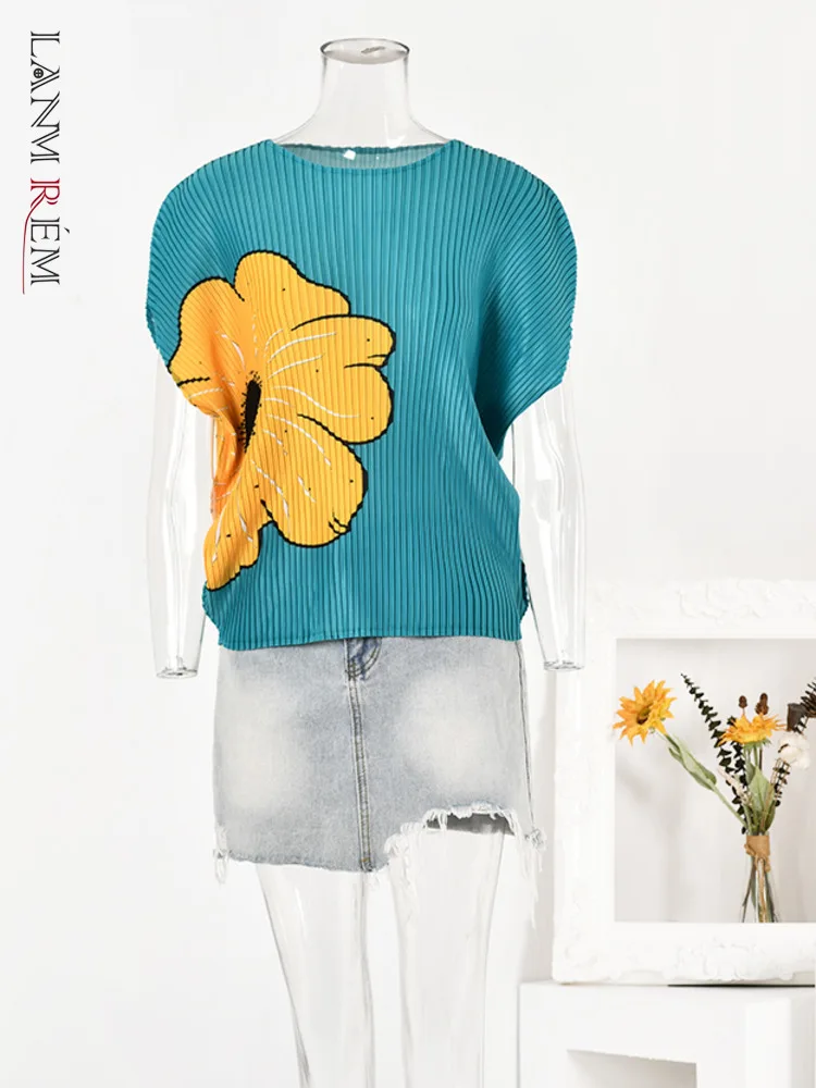 

Женская плиссированная футболка LANMREM с принтом, с круглым вырезом и коротким рукавом, топы контрастных цветов, повседневная одежда, новинка 2023, 32D369