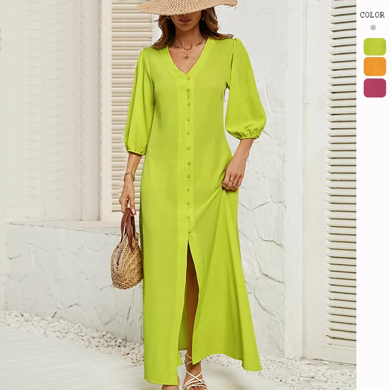 New Summer V-neck Buttoned Five-sleeve Dress for Women's Daily Outing Long Dresses for Women 
New Summer V-neck Buttoned Five-sleeve Dress for Women's Daily Outing Long Dresses for Women