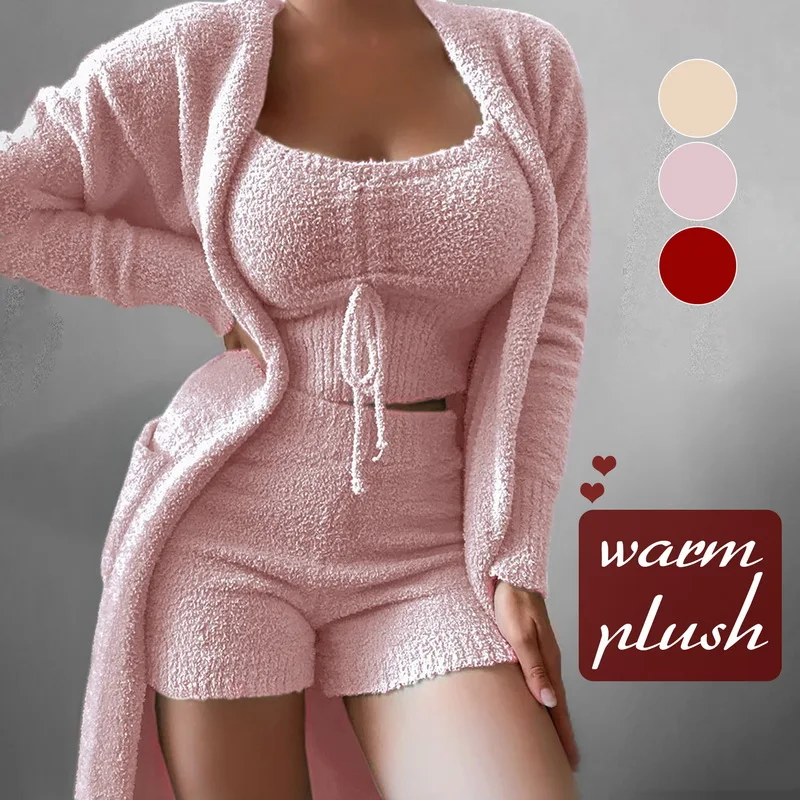 3pcs Women Plush Robe Set Homewear Crop Top Shorts Coat Outfits Pocket Sexy Fleece Pajama Robe Set Casual Cardigan Tracksuit
3pcs Women Plush Robe Set Homewear Crop Top Shorts Coat Outfits Pocket Sexy Fleece Pajama Robe Set Casual Cardigan Tracksuit