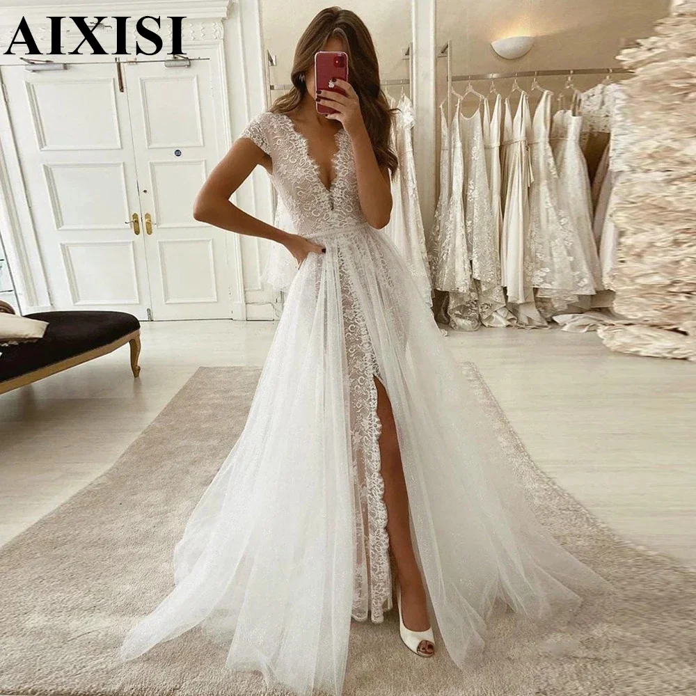 AIXISI Lace Mermaid Wedding Dresses with Detachable Train Skirt Cap Sleeve V-neck Bridal Gown Leg Slit 2 Pieces Wedding Gowns
AIXISI Lace Mermaid Wedding Dresses with Detachable Train Skirt Cap Sleeve V-neck Bridal Gown Leg Slit 2 Pieces Wedding Gowns