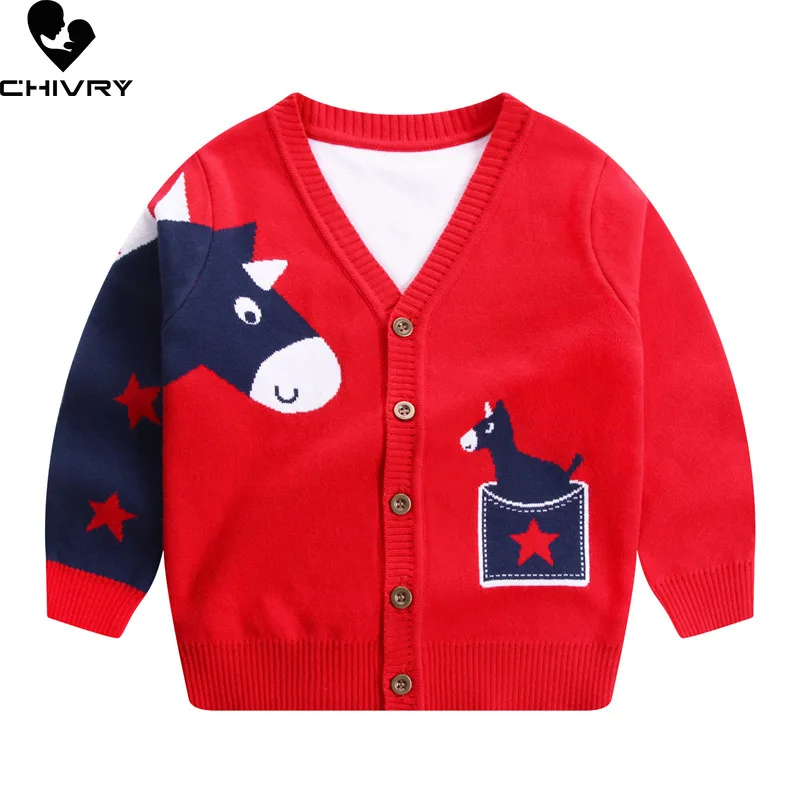 

Autumn Winter Kids Cardigan Sweater Baby Boys Cartoon Pony Jacquard Thick V neck Knitted Sweaters Tops Children Clothing Jackets
