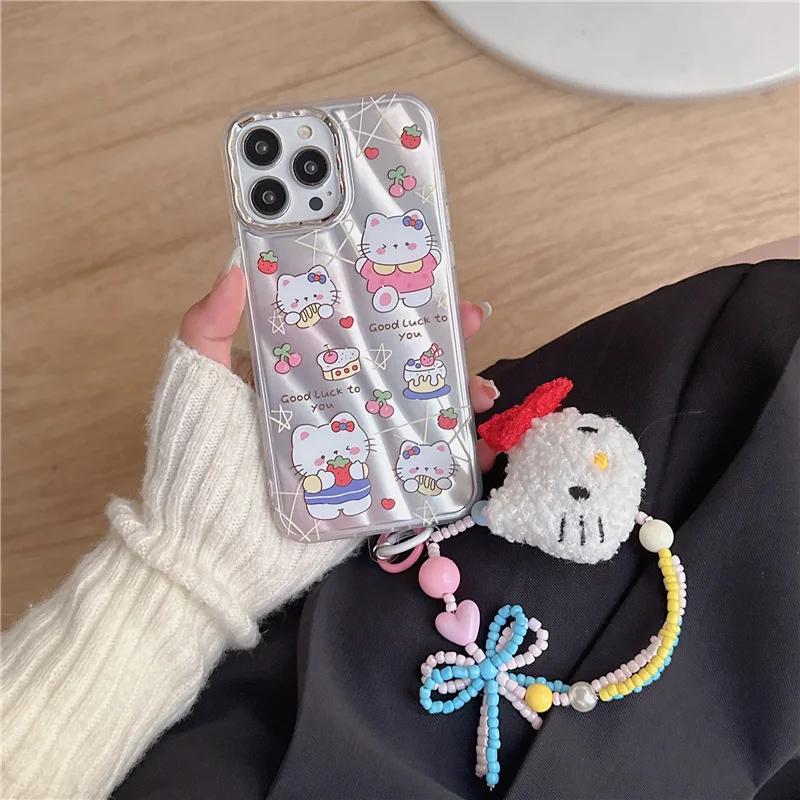 

New IPhone15 Sanrio Kawaii Hellokitty Dessert Strawberry Phone Case Plush Chain Pendant Bow Accessories Girl Birthday Gift Cute