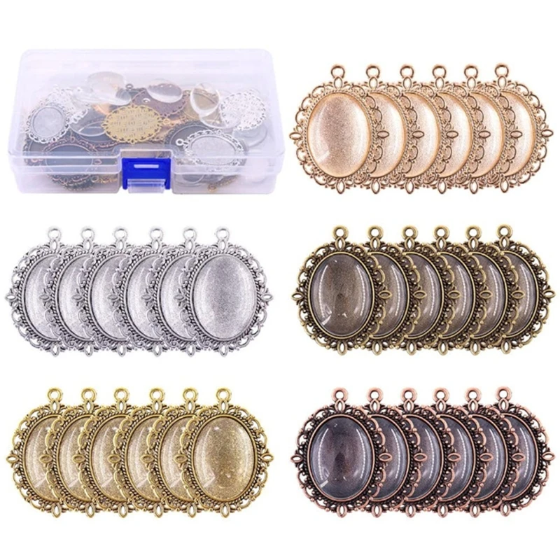 

60Pcs Pendant Trays Kit Metal Flat Pendant Blank Trays Bezel Oval Cabochon Base Setting Charms Pendant for DIY Jewelry Making