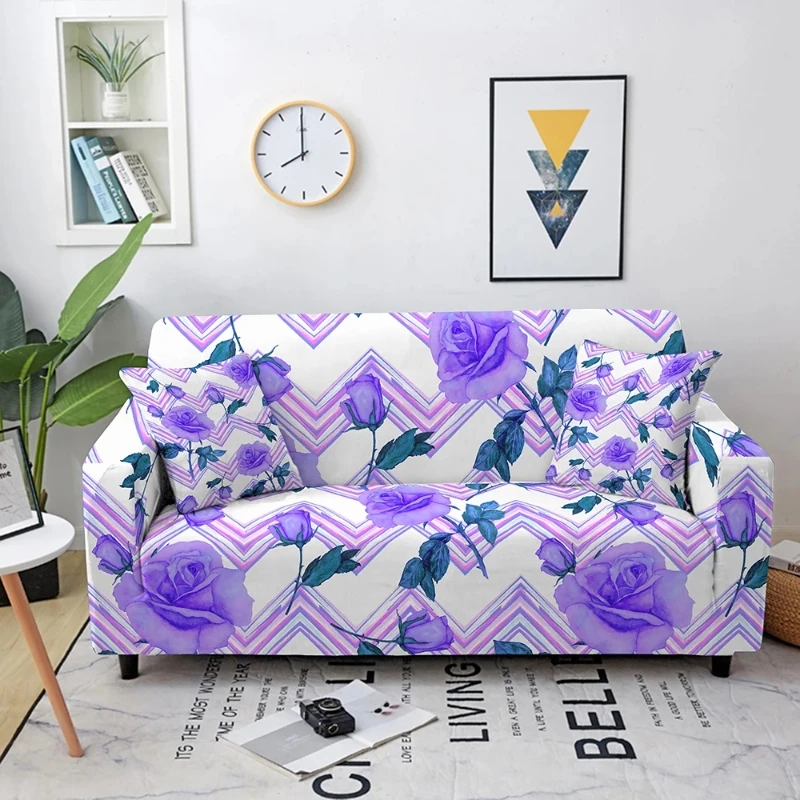

Purple Flower Wavy Line Printed Sofa Cover Elastic Dustproof and Wrinkle Resistant Universal Decoration for Multi-person Sofa