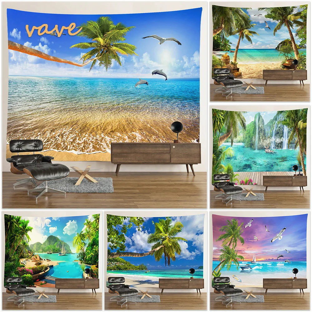 

Landscape Palm Tree Beach Sunset Tapestry Wall Hanging Boho Printed Cloth Fabric Large Tapestry Aesthetic Interior Dorm Decor