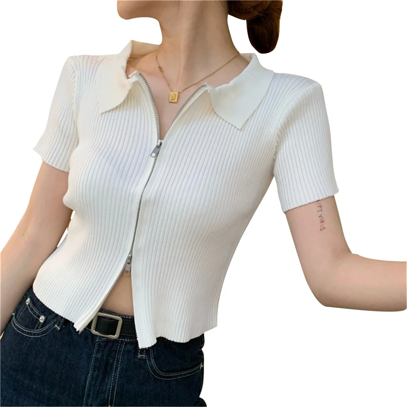 Double Zipper Summer Short Sleeve Sweater Women Ribbed Knitted Cardigan Crop Top Slim Fitted Solid Color Thin Tee Shirts
Double Zipper Summer Short Sleeve Sweater Women Ribbed Knitted Cardigan Crop Top Slim Fitted Solid Color Thin Tee Shirts
