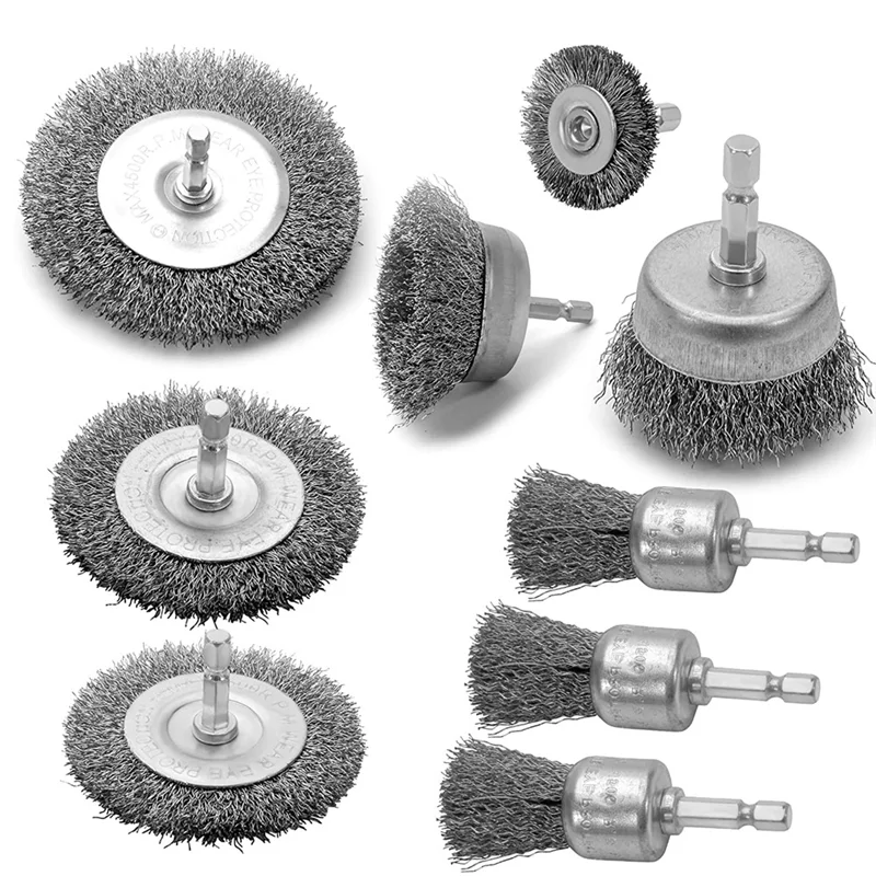 9PC Coarse Crimped Wire Wheel Cup Pen Brush Set for Drill Carbon Steel Wire Brush with Hex Shank for Removing Paint
9PC Coarse Crimped Wire Wheel Cup Pen Brush Set for Drill Carbon Steel Wire Brush with Hex Shank for Removing Paint