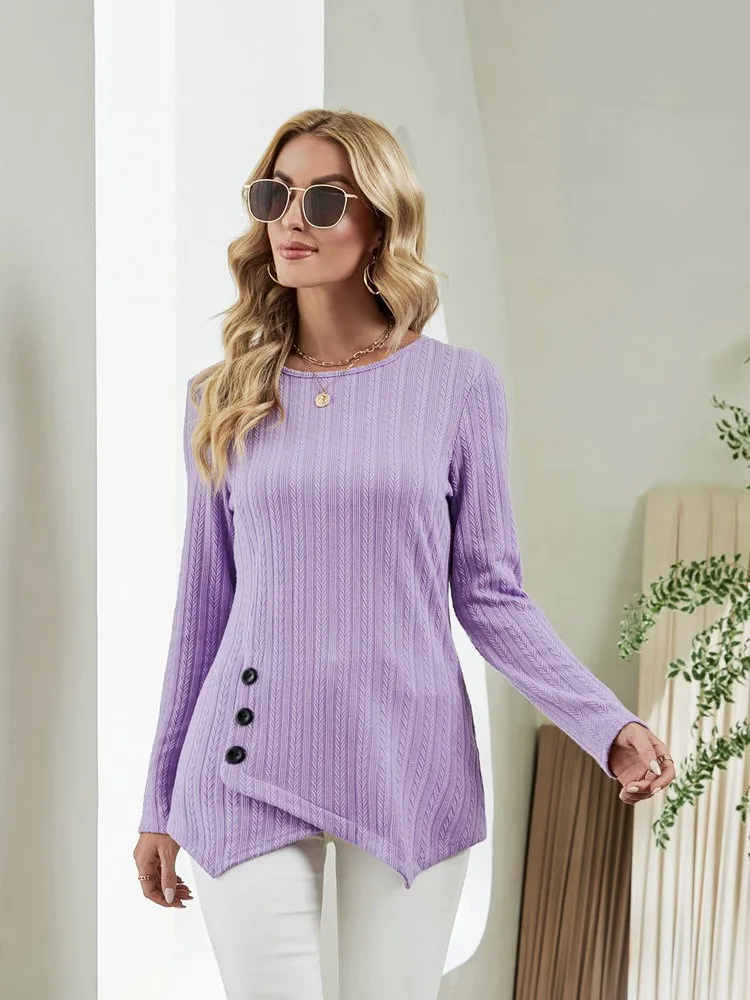 Solid Irregular Casual Tops T-shirt Women Autumn Winter O-neck Long Sleeve Button Women Clothes Purple Black Loose Pullovers
Solid Irregular Casual Tops T-shirt Women Autumn Winter O-neck Long Sleeve Button Women Clothes Purple Black Loose Pullovers