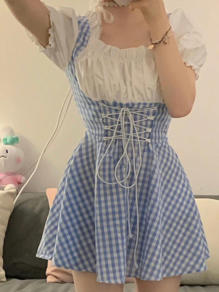 HOUZHOU Kawaii Plaid Patchwork Mini Dress Women Japanese Sweet Cute Short Sleeve Lace Up Bule Summer Lolita Dress Soft Girl
HOUZHOU Kawaii Plaid Patchwork Mini Dress Women Japanese Sweet Cute Short Sleeve Lace Up Bule Summer Lolita Dress Soft Girl