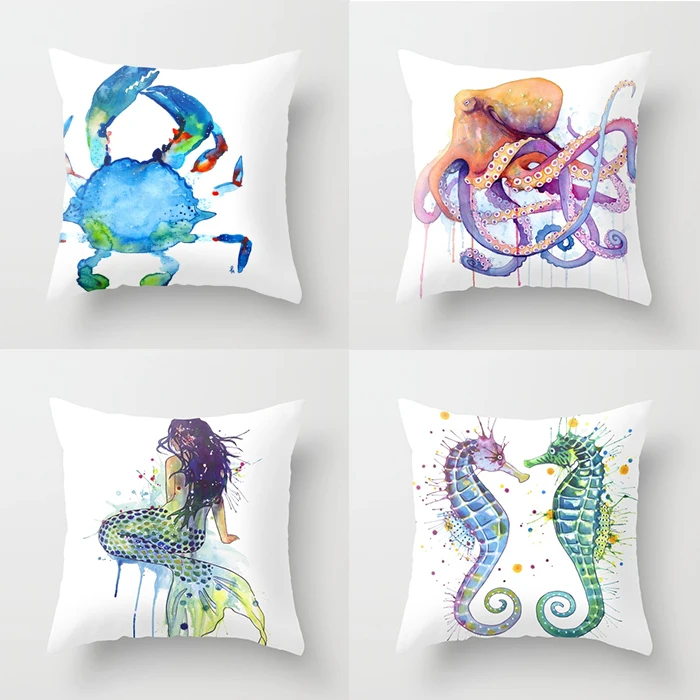 

Watercolor Sea Themes Throw Pillow Case Starfish Octopus Mermaid Crab Cushion Covers for Home Sofa Chair Decorative Pillowcase