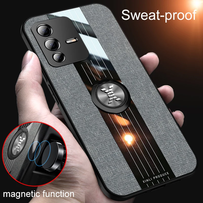 

Fabric Case for Vivo S12 Pro Car Ring Holder Acrylic Soft Silicone Canvas Phone Cover Vivo S15 Pro S10E S15E S9E S7E S6 S5 S1