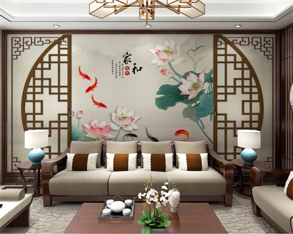 

beibehang Custom New Chinese Modern Lotus Sofa TV Background Living Room Hotel Lobby Wallpaper papel de parede papier peint