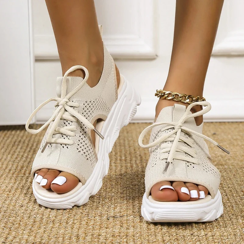 

Сандалии женские сетчатые на толстой подошве, Повседневная пляжная обувь с открытым носком, на шнуровке, белые, лето 2023