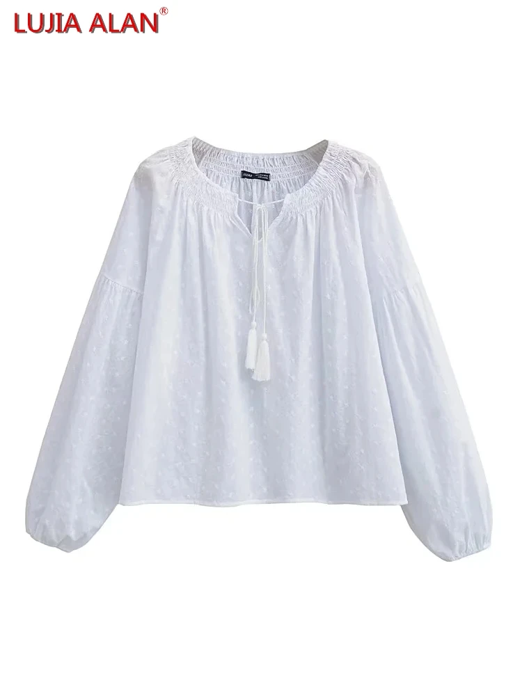 New Women's V-neck Lace Up Bow Embroidered Blouses Casual Long Sleeve Shirt Retro Loose Tops LUJIA ALAN B1136
New Women's V-neck Lace Up Bow Embroidered Blouses Casual Long Sleeve Shirt Retro Loose Tops LUJIA ALAN B1136