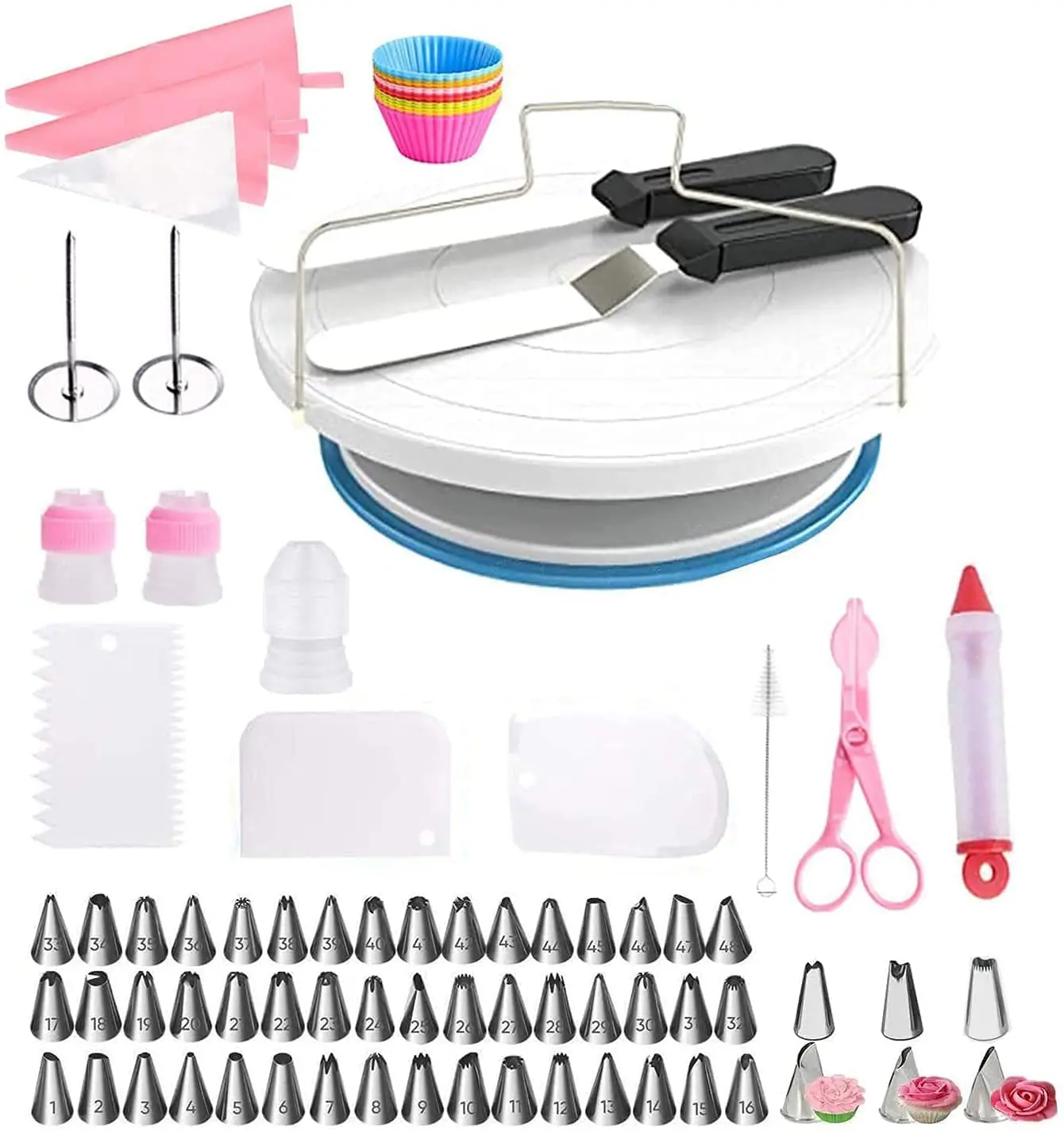 105 pcs cake decorating supplies kit for beginners aluminium rotating turntable stand cake decorating supplies with decorating c
105 pcs cake decorating supplies kit for beginners aluminium rotating turntable stand cake decorating supplies with decorating c