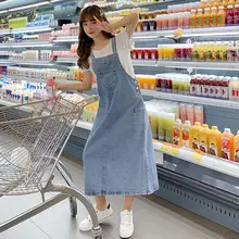 Denim Overall Dress Women Korean Style Solid Spaghetti Strap Pocket Jeans Sundress Preppy Girl Student Dress Vestido Feminino