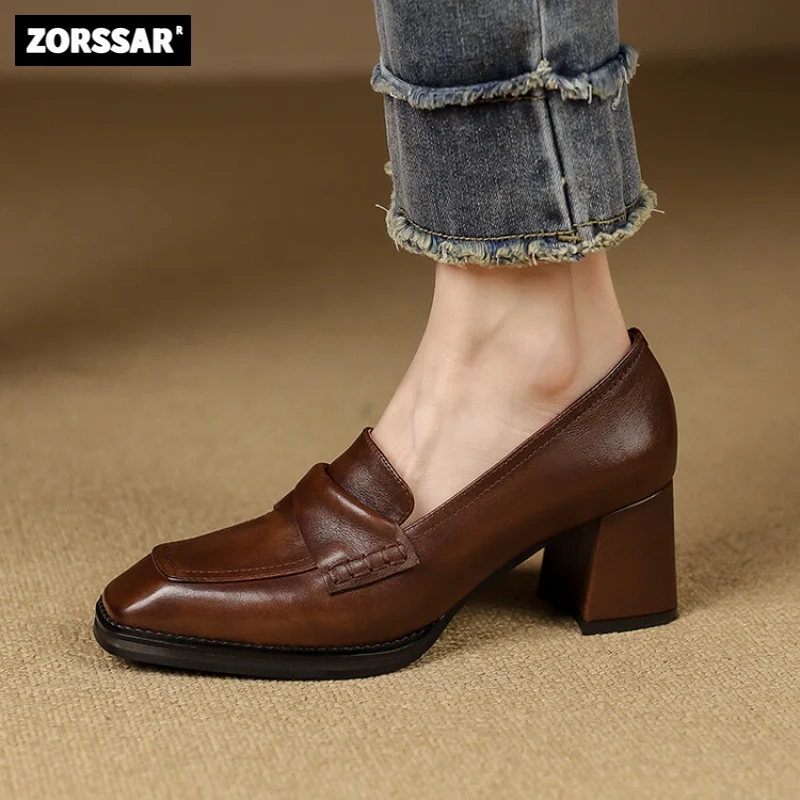 

Туфли-оксфорды женские в стиле ретро, кожаные, квадратный носок, без застежки, высокий каблук, Офисная элегантная обувь на массивном каблуке