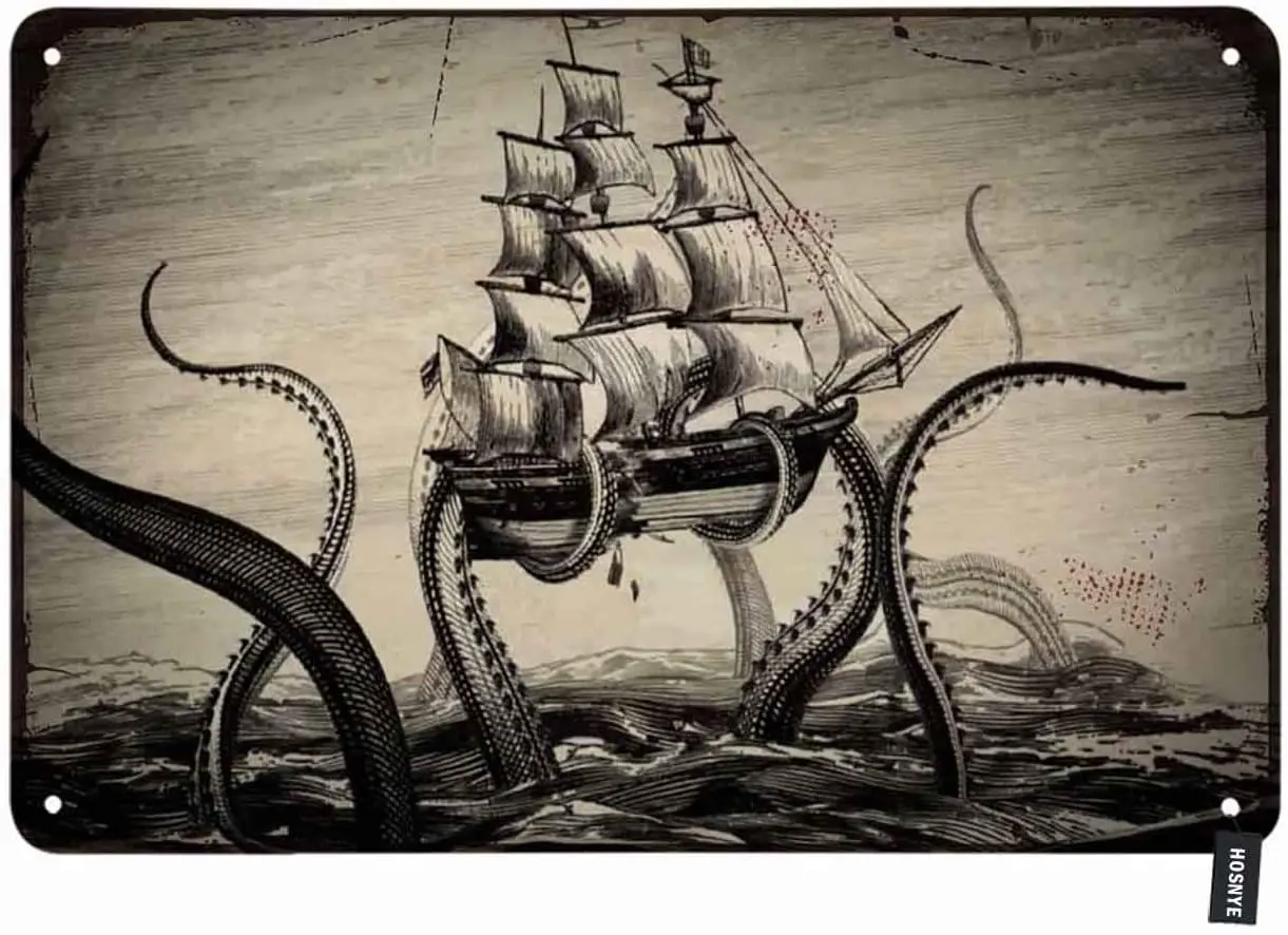 HOSNYE The Legend of The Kraken Tin SignOctopus Kraken with Sailboat on The Sea Ocean Vintage Metal Tin Signs for Wall Art Deco
HOSNYE The Legend of The Kraken Tin SignOctopus Kraken with Sailboat on The Sea Ocean Vintage Metal Tin Signs for Wall Art Deco