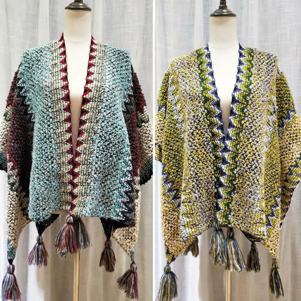 Winter Capes Cardigan Colorful Striped V Neck Contrast Colors Ethnic Style Knitting Bohemian Tassel Lady Poncho for Work
Winter Capes Cardigan Colorful Striped V Neck Contrast Colors Ethnic Style Knitting Bohemian Tassel Lady Poncho for Work