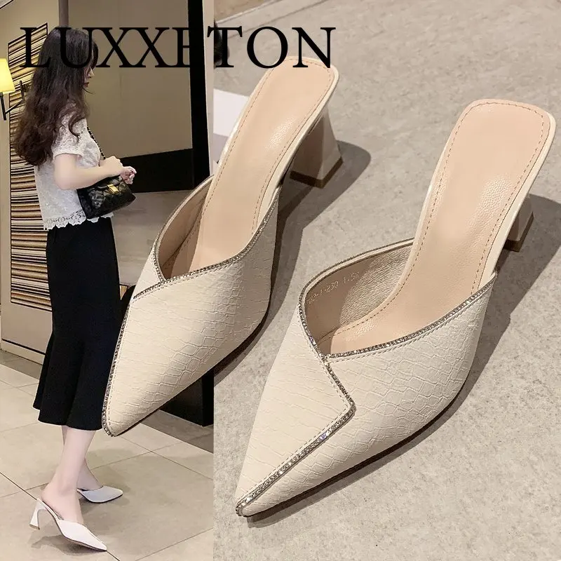 Women Baotou Half Slippers Outer Wear Solid Color Rhinestone Pointed Thick Heeled High Heel Sandals and Fashion
Women Baotou Half Slippers Outer Wear Solid Color Rhinestone Pointed Thick Heeled High Heel Sandals and Fashion