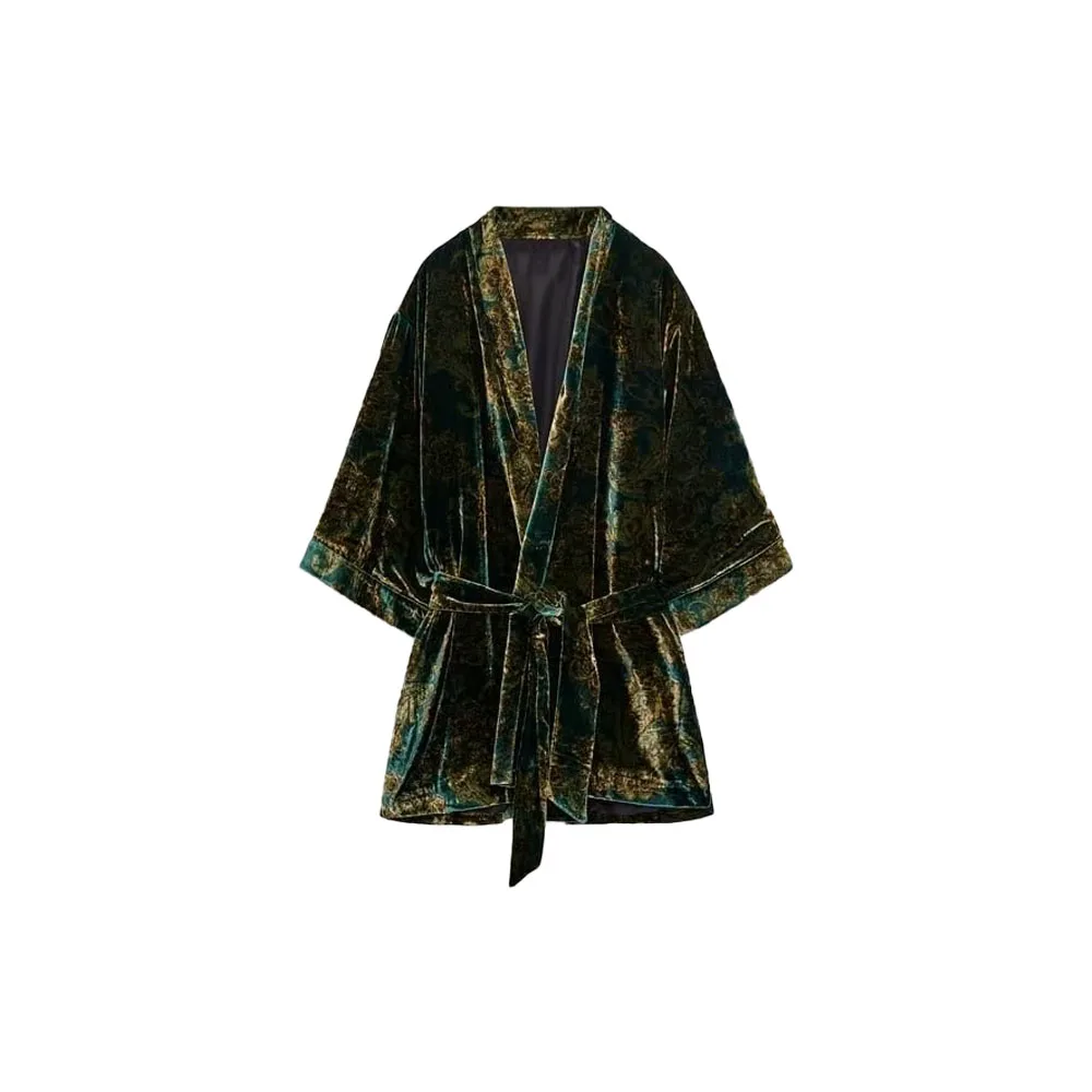 2022 fall and winter fashion women's street style velvet print with belt and kimono-style jacket
2022 fall and winter fashion women's street style velvet print with belt and kimono-style jacket
