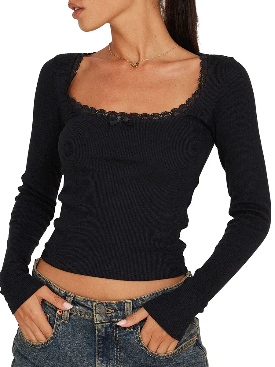 

Женские топы в рубчик с кружевом и длинным рукавом Y2K, трикотажная облегающая Базовая футболка, эстетичная Волшебная гранж-блузка, короткий топ, пуловеры