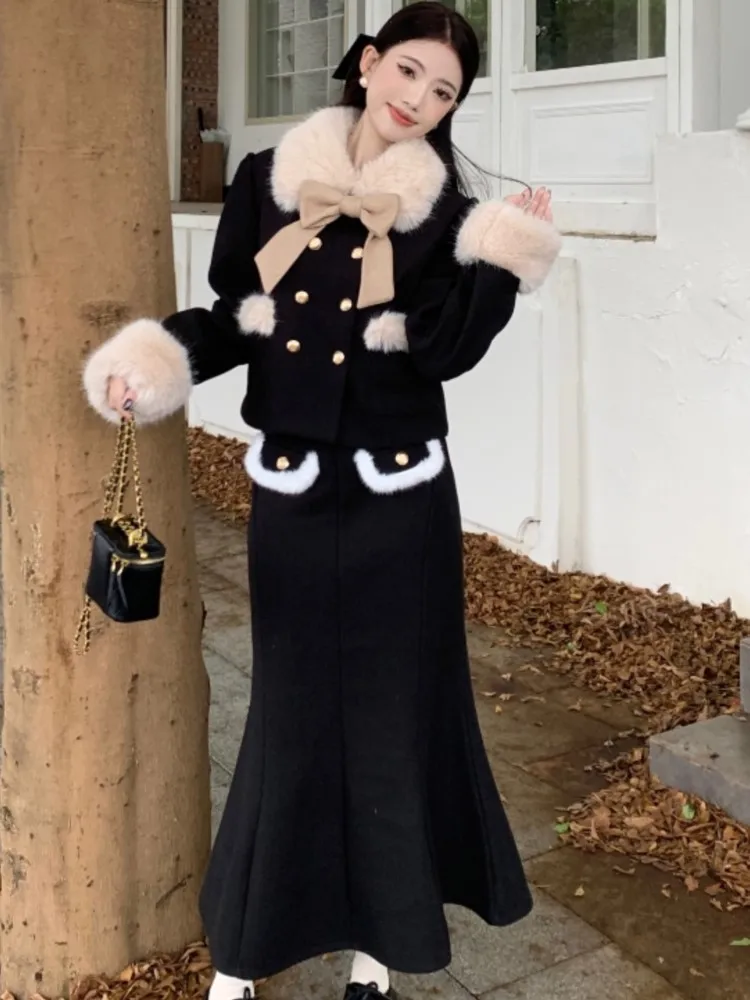 Vintage 2 Piece Set For Women Half Skirts Sets Winter New Patchwork Faux Collar Coat Mermaid Skirt Elegant Fashion Female Suit
Vintage 2 Piece Set For Women Half Skirts Sets Winter New Patchwork Faux Collar Coat Mermaid Skirt Elegant Fashion Female Suit