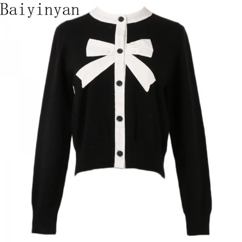 European and American Autumn and Winter New Women's Bow Stitching Long Sleeve Slim Black Knitted Cardigan Jacket
European and American Autumn and Winter New Women's Bow Stitching Long Sleeve Slim Black Knitted Cardigan Jacket