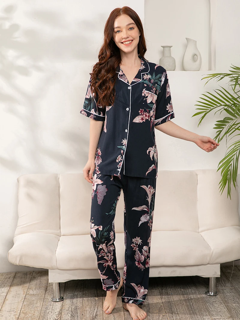 Women's 100% Viscose Plus Size S-XXXL Pajamas Short Sleeve Long Pants Floral Print Pyjamas Women Sleepwear Homewear Sleepwear
Women's 100% Viscose Plus Size S-XXXL Pajamas Short Sleeve Long Pants Floral Print Pyjamas Women Sleepwear Homewear Sleepwear