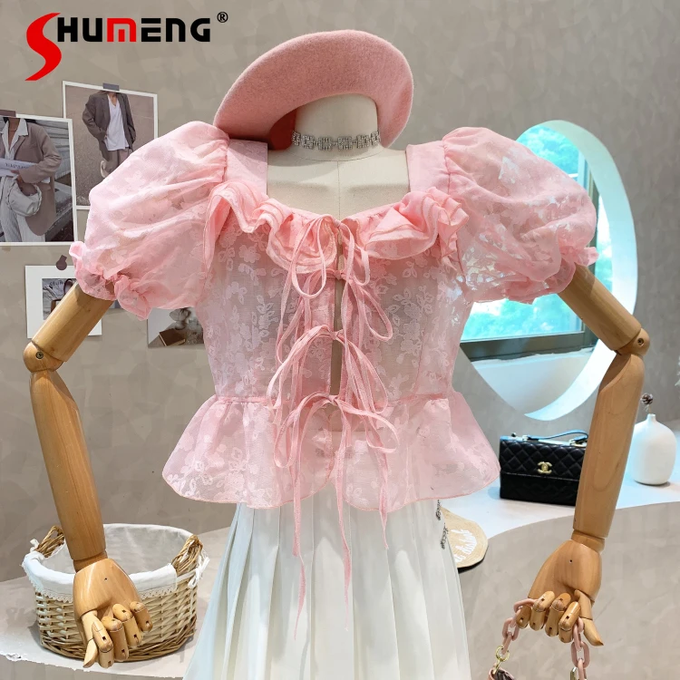 2022 Summer New Puff Short Sleeve Square Collar Lace Up Shirt Women's Blouse Chic Square Collar Slim-Fit Pink Blusas Top Fashion
2022 Summer New Puff Short Sleeve Square Collar Lace Up Shirt Women's Blouse Chic Square Collar Slim-Fit Pink Blusas Top Fashion