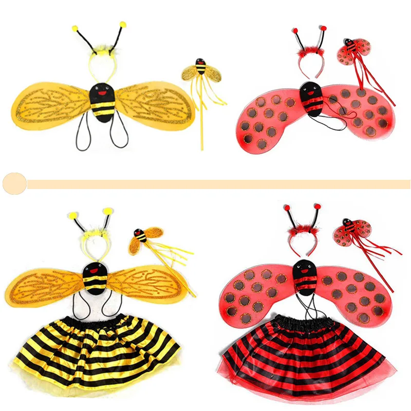 

4Pcs/Set Kid Fairy Costume Set Ladybird Bee Glitter Cute Wing Striped Layered Tutu Skirt Wand Headband Dress Up Halloween Outfit