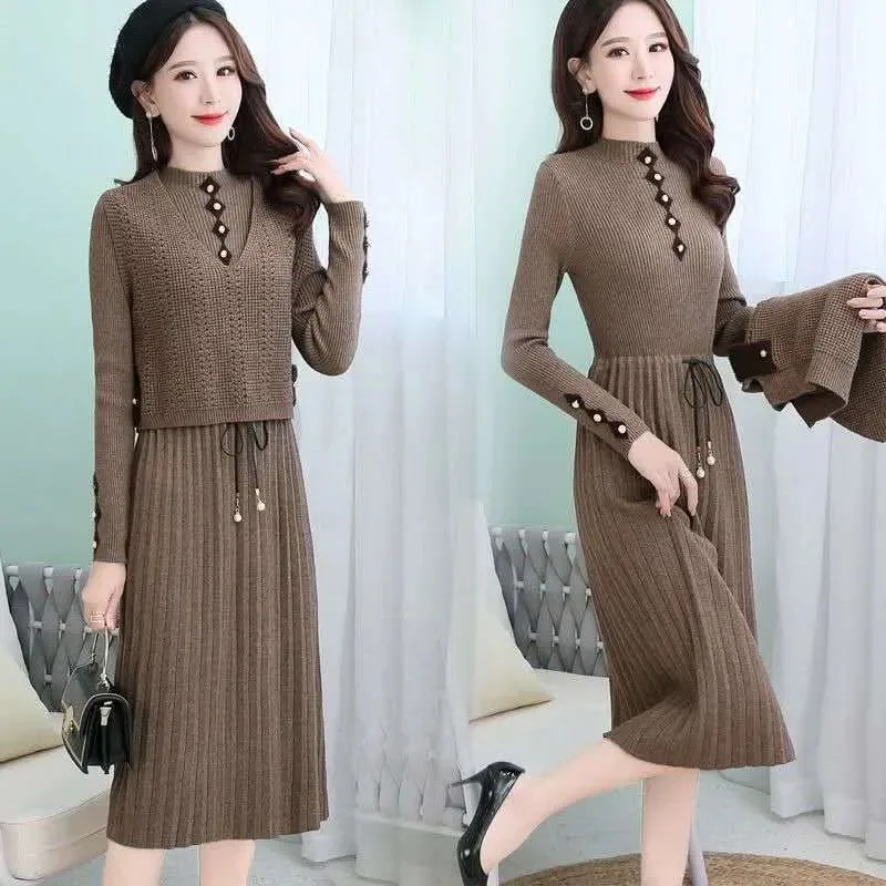New Women's Long Sleeves Knitted Dress Autumn Winter Korean Two Piece Suit Sweater Dresses Pullover Round Neck Bottoming Skirt
New Women's Long Sleeves Knitted Dress Autumn Winter Korean Two Piece Suit Sweater Dresses Pullover Round Neck Bottoming Skirt