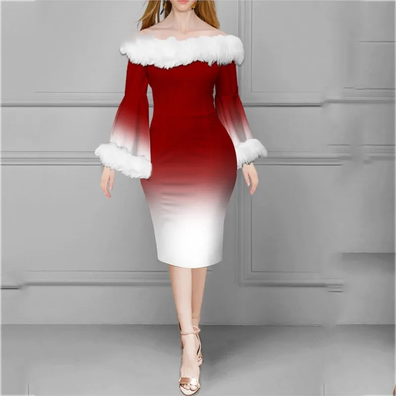 

Новое рождественское модное темпераментное пикантное платье с одной линией воротника, меховым воротником, Расклешенным рукавом, высокой талией, облегающее бедра платье для женщин